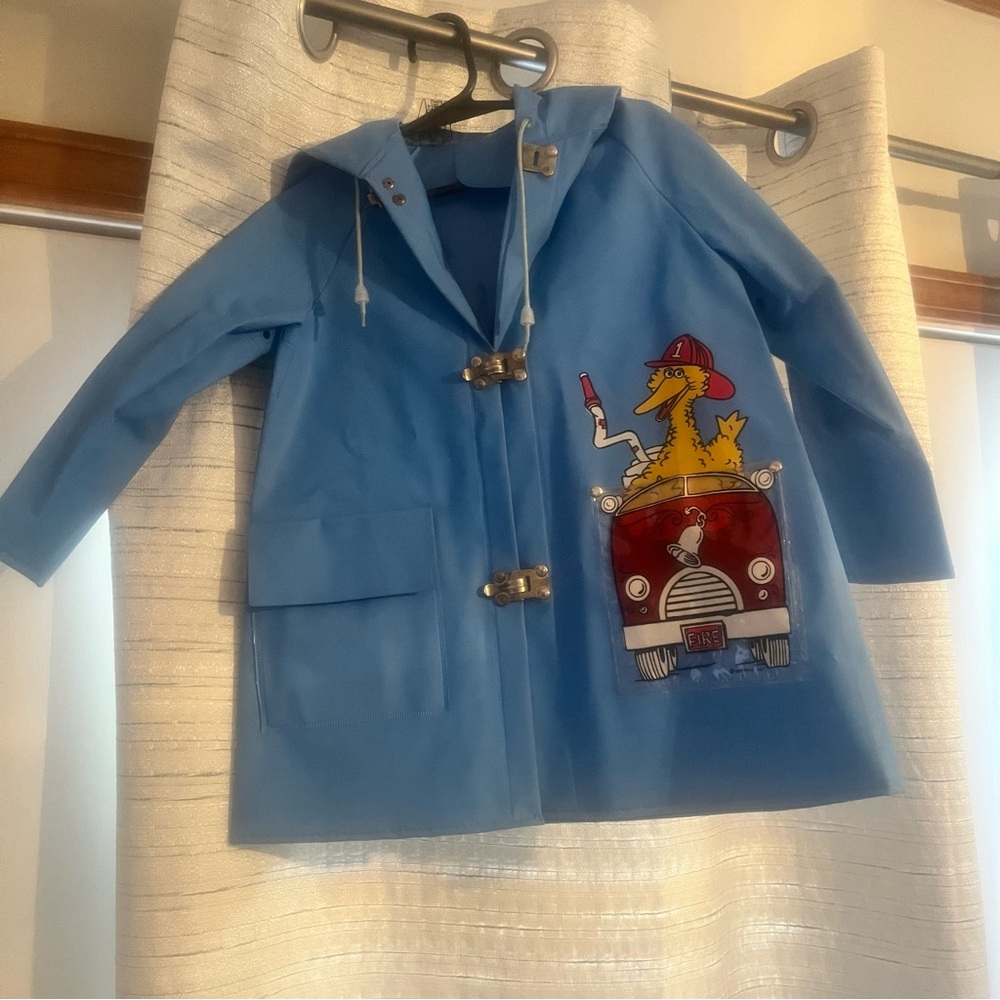 Vintage Sesame Street Size 4 Kids Blue Rain Coat Jacket Big Bird Fire Truck
